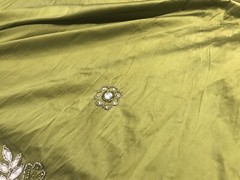 Green Silver Border Rhinestone Embroidery Taffeta Fabric 50” Width 1 Yd