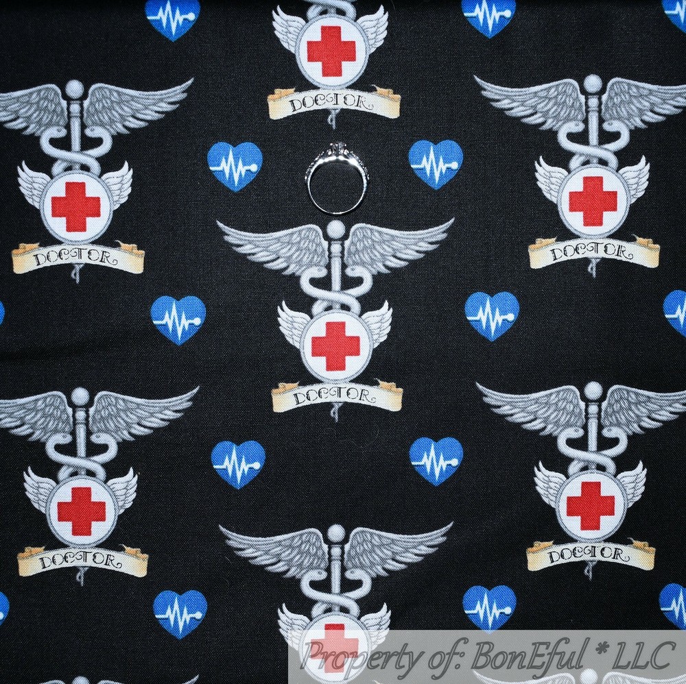 BonEful FABRIC FQ Cotton Quilt Black Red White Blue American Dr Nurse 911 Medic