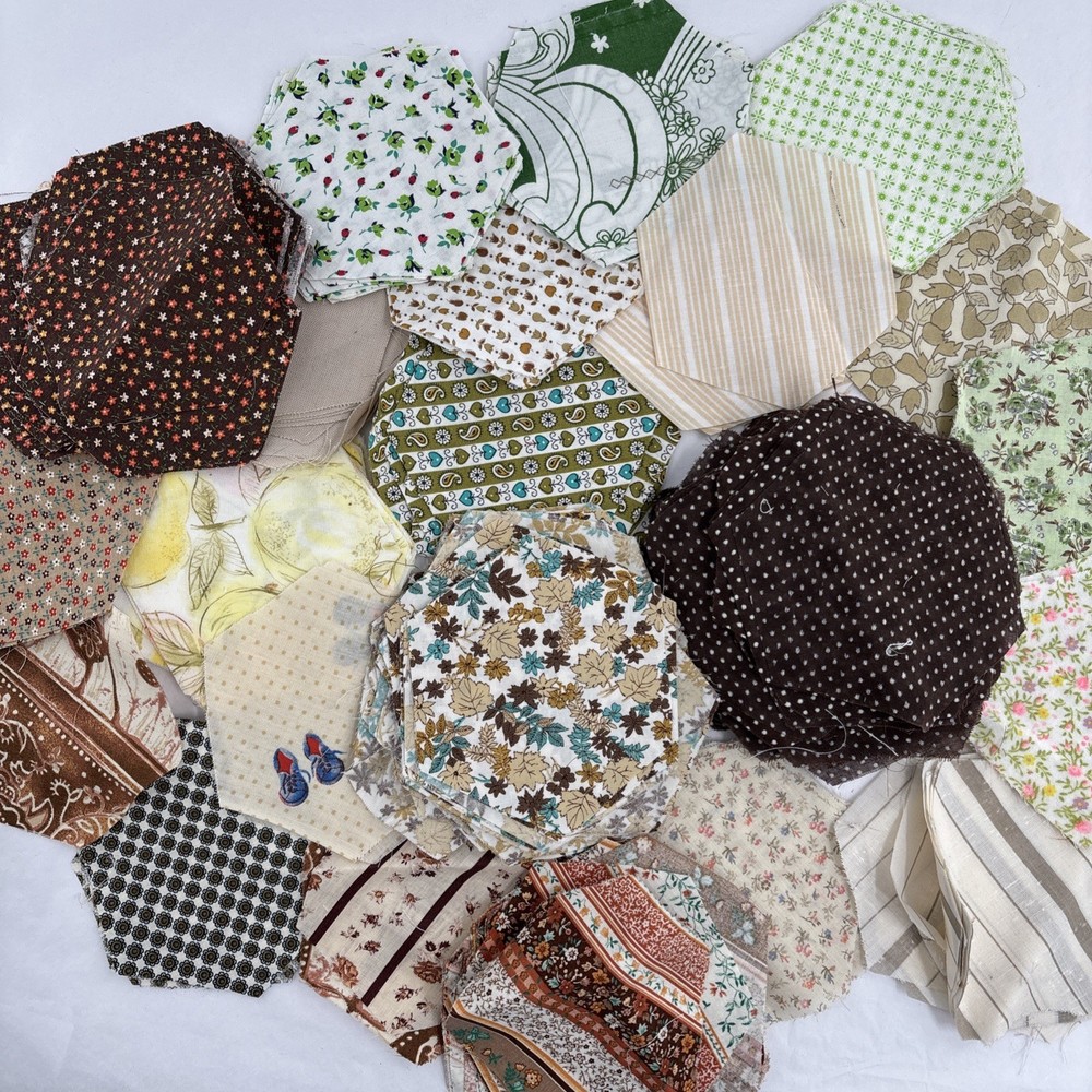 Vintage Hexagon Quilt Block Patterned Cotton Misc Cut Fabric Pieces Lot 4.5”