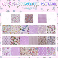 42Pcs Purple Charm Packs for Quilting, 5×5 Inch Floral Cotton Purple Fabric Squa