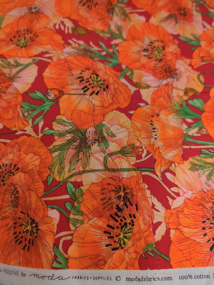 Robin Pickens’ Superbloom’s Orange Poppy On Red Cotton Fabric-52″ In Length