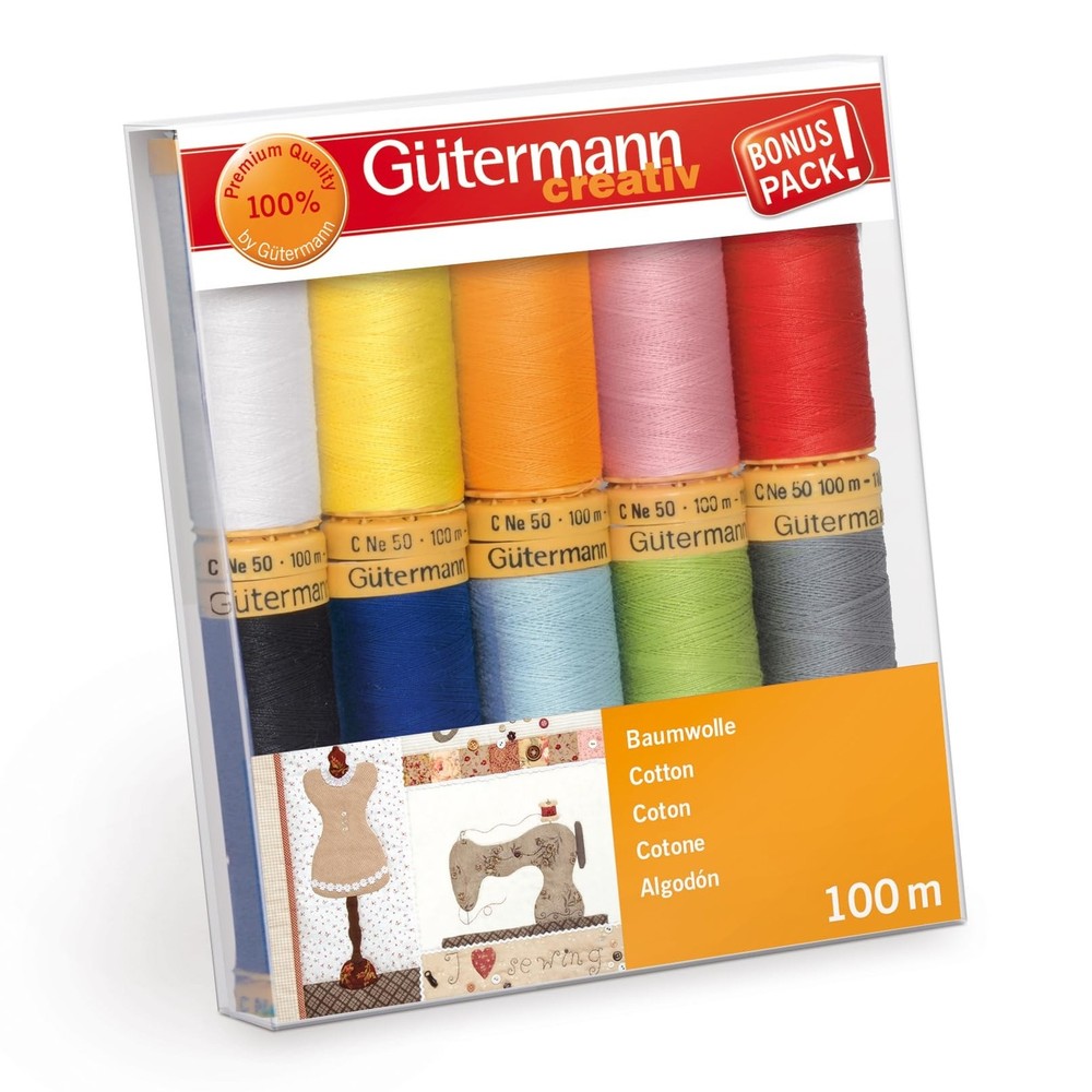 Gutermann 734521-2 Thread Set Natural Cotton 50 100m x 10 reels, Col 1 Assorted