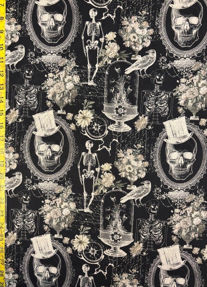 Nevermore Evermore Black Michael Miller Fabric skeletons raven flowers