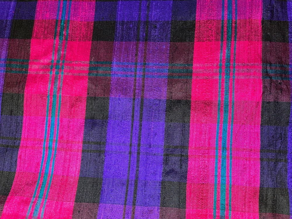 VIBRANT PLAID FABRIC 100% SILK DUPION SLUB TEXTURE MAGENTA VIOLET BLUE BLACK BTY