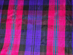 VIBRANT PLAID FABRIC 100% SILK DUPION SLUB TEXTURE MAGENTA VIOLET BLUE BLACK BTY