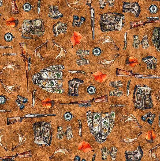 Quilting Treasures – Forest Field And Stream – Hunting Equipment – Terracotta, B