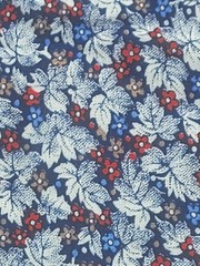 2yds Cranston Printworks Blue White Leaves Tiny Red Flowers Cotton Fabric 44/45″