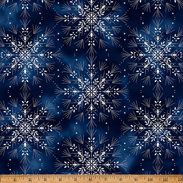 Cotton Midnight Perch Snowflakes Silver Metallic Fabric Print by Yard D403.55