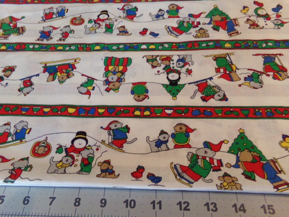 1 YD X 44″ VINTAGE SUE DREAMER SNOWMEN & BEARS SLED SKING SKATING BORDERS #2536