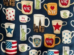 New York City Coffee Mugs Fabric Cotton NYC Symbols. One Yard