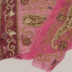 Sanskriti Saskriti Vintage Design Net Mesh Fabric Hand Beaded Pink Patch Work De