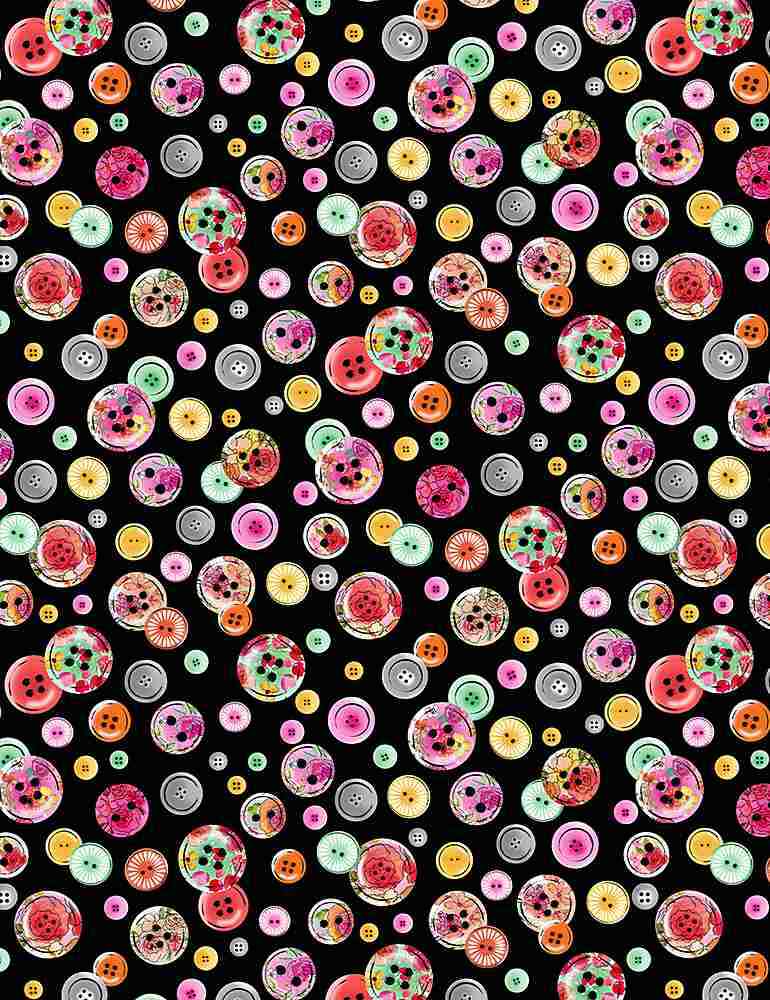Button Fabric BTY, Sew Floral Buttons, C8936 Black, Cotton, TheFabricEdge