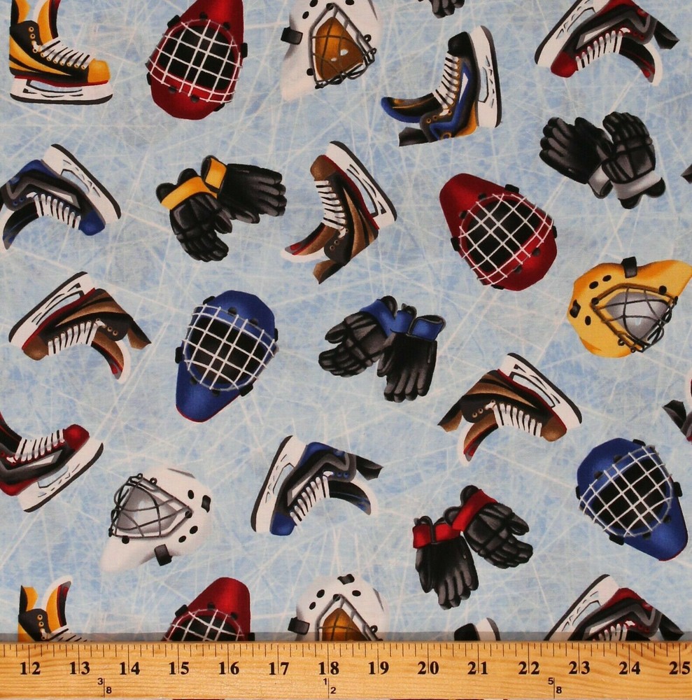 Cotton Hockey Gloves Ice Skates Sports Goalie Helmets Fabric Print BTY D668.62