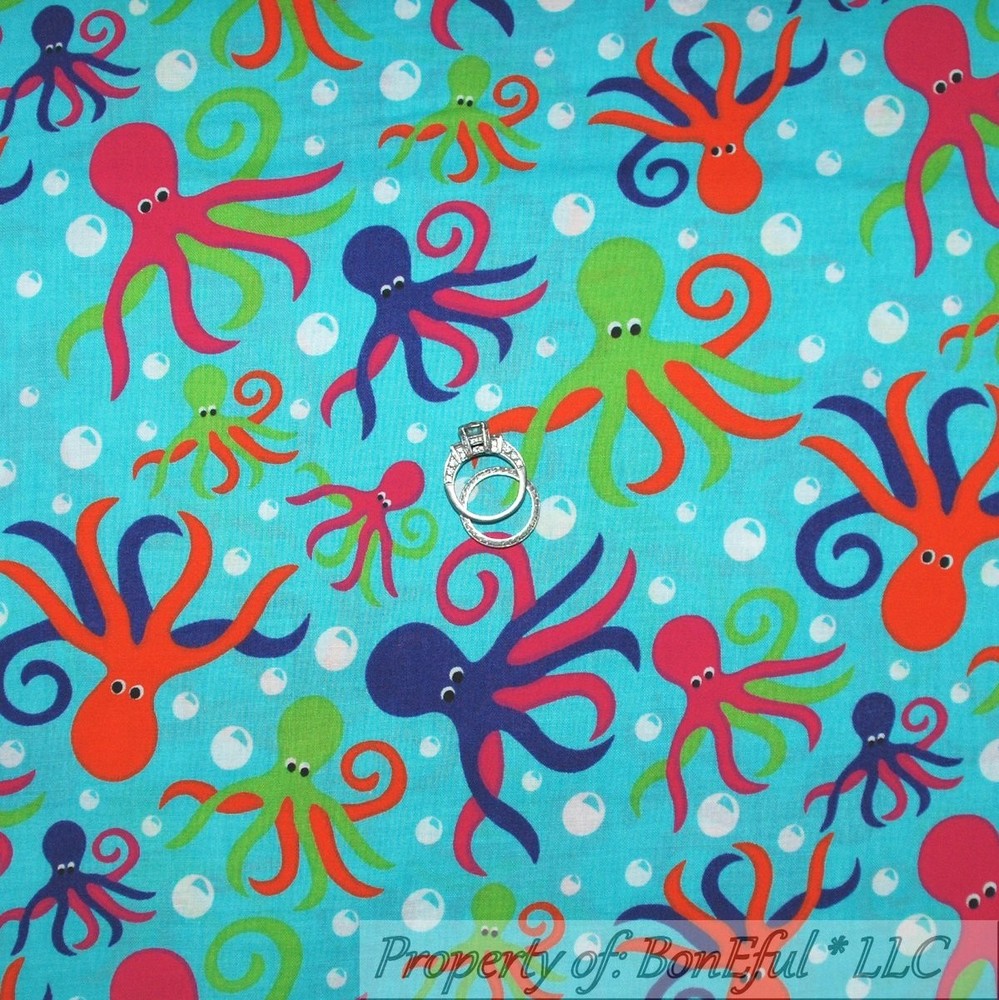 BonEful FABRIC FQ Cotton Quilt Aqua Blue White Octopus Fish Sea World Bubble Dot