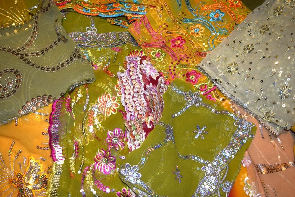 10 Pack 12″ x12″ Olive Vintage Dupatta Fabrics, Embroidered Beaded swatches