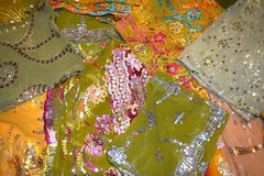 10 Pack 12″ x12″ Olive Vintage Dupatta Fabrics, Embroidered Beaded swatches