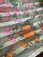 2 YARDS VTG SHEER Voile FABRIC Satin Stripe Pink Orange on Green 44” W Silky