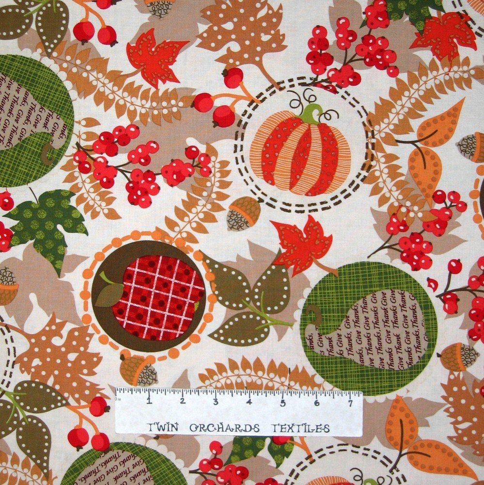 Fall Festival Fabric – Pumpkin Apple Leaves Beige – Benartex Kanvas Studio YARD