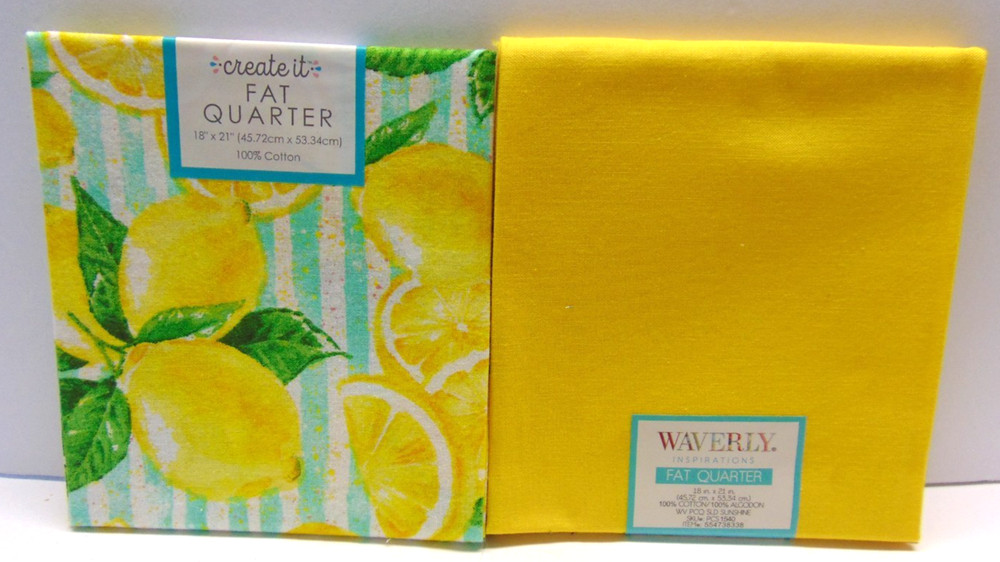 2pc Cotton Fat Quarters, Waverly & Create It – Solid Yellow & Lemon Fruit Print