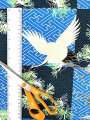 Japanese fabric cranes birds art deco black blue gold heron stork asian chinese