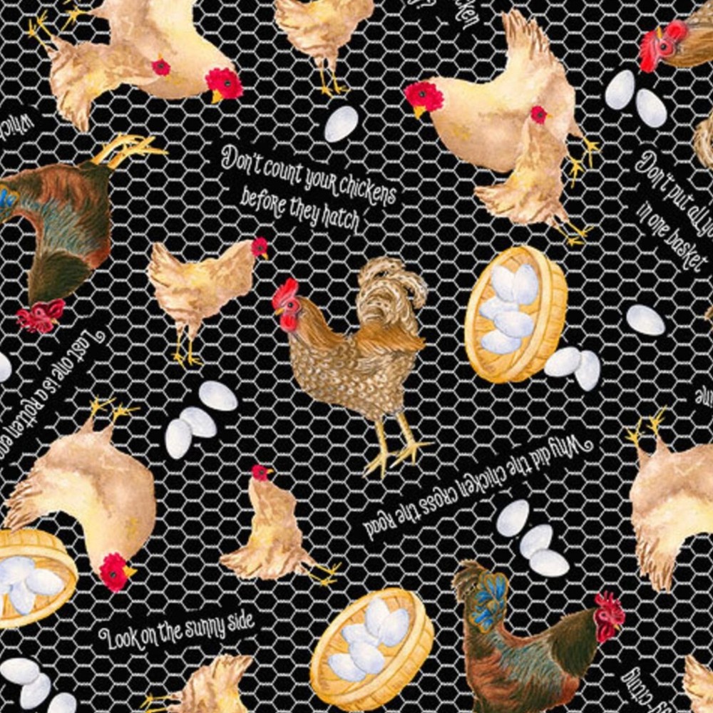 Feline Drive Fabric RISE ‘N SHINE Hen House Black – Fat Quarter (18″x22″) FQ