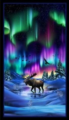 24″ X 44″ Panel Aurora Moose Northern Lights Wildlife Snow Cotton Fabric D484.56