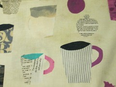 MOD COFFEE CUPS TEA CUP NEWSPAPER MUGS TEAL BLUE DRINKS COTTON FABRIC FQ
