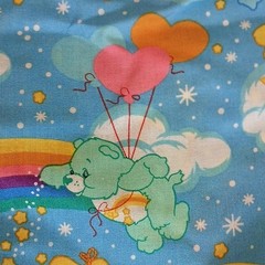 Care Bears Cartoon Print Fabric Blue Rainbow Clouds 44″ W x 89″ L NWOT Vintage
