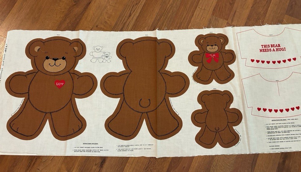 VIP Cranston Print Works Bear Fabric Panel “Luv Bear Cut-Outs” Cut n Sew 2 Bears
