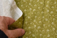By 1/2 Yd, White Flowers & Scrolls on Olive-Green Quilt Cotton, P8455