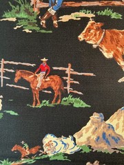 Fabric – Rare Vintage “ROUNDUP” Cowboy By MODA BARKCLOTH Black BTY 36” L x 54″ W