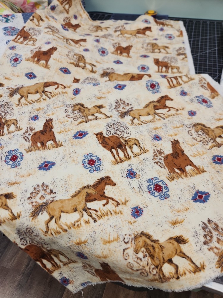 1.75 Yards Vintage Flannel Horses Native Symbols Brown Cream Xtra Soft