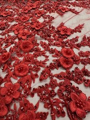 3D Floral Lace Fabric Luxury Red Beaded Embroidered Bridal Evening Dress