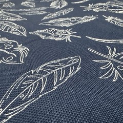 Panache White Feathers Navy Blue Cotton Canvas Fabric BTY #41