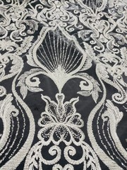 White Beaded Lace Fabric on Mesh – Luxury Sequin Embroidered Fabric