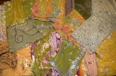 10 Pack 12″ x12″ Olive Vintage Dupatta Fabrics, Embroidered Beaded swatches