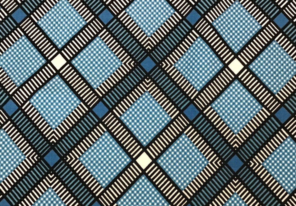 Vtg Cotton Fabric 35″x 3 yds 16″ Square Geometric Pattern Teal Blue Black White