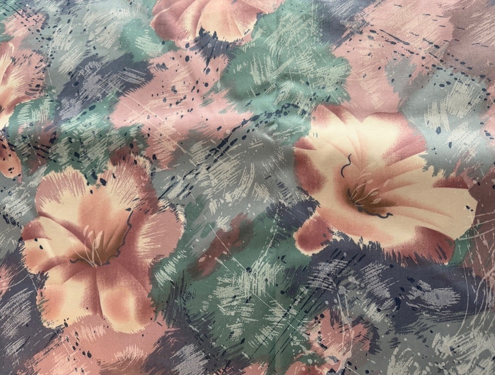 VTG 80s Stanley King Hibiscus Floral Fabric Screen Print Blue Pink Green 57 X 84