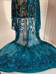 Angelica DARK TURQUOISE Curlicues and Leaves Sequins on Mesh Lace Fabric by the