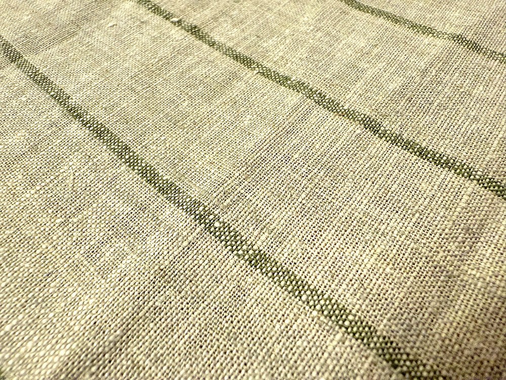 100% Flax Linen Fabric Green Stripe Yarn Dyed Medium Weight 56″ Wide