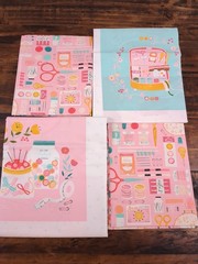 Sewing themed Fabric, pink and blue, 1lb 11oz, button, needles, scissors, thread