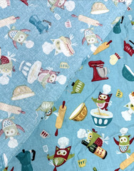 Retro Owls Chef Hats Cooking Kitchen Theme Blue Cotton Fabric BTHY #61