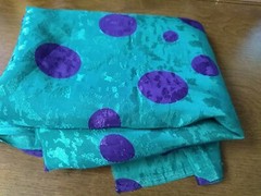 silk fabric 45×102″ blue-green with purple dots