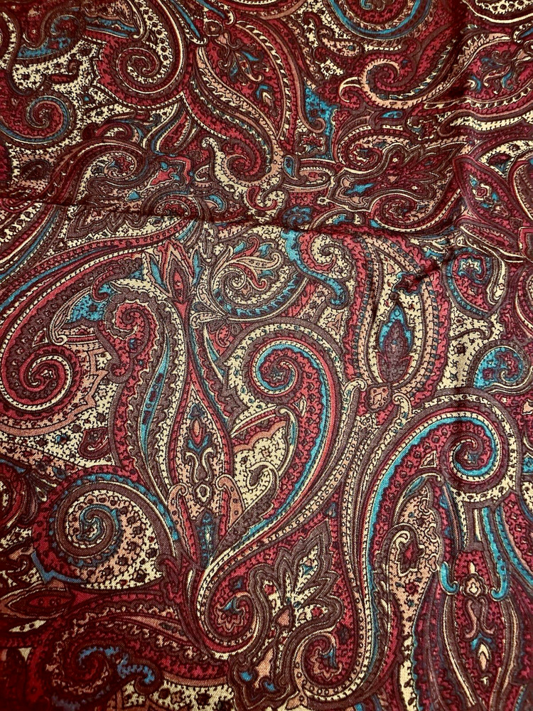 VTG Burgundy Gold Brown & Green Paisley Print a Rayon Blend 46″ X 72″ 2 yds