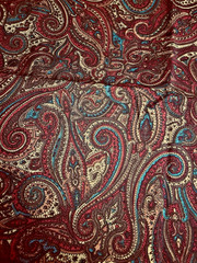 VTG Burgundy Gold Brown & Green Paisley Print a Rayon Blend 46″ X 72″ 2 yds