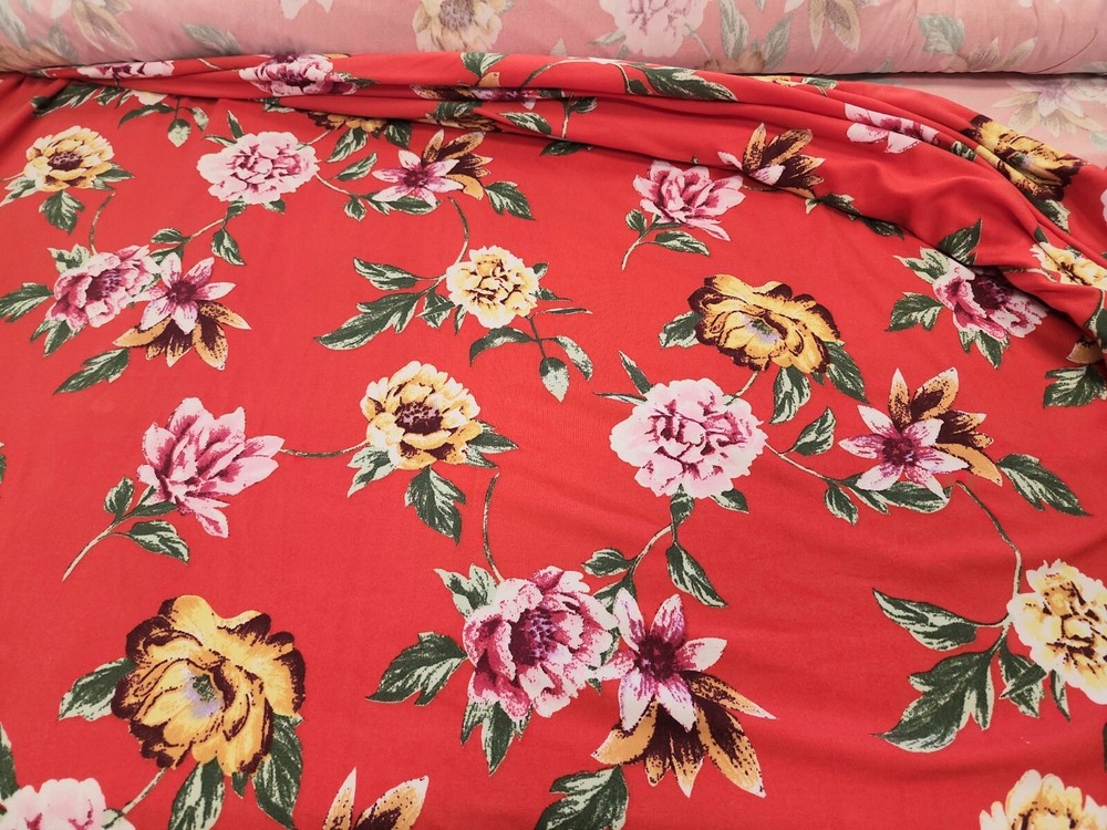 Double Brushed Jersey Knit Fabric Red Floral By the Yard