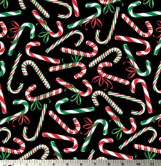 Benartex Kanvas Black Candy Cane Bows Christmas Cotton Fabric Sweet Holidays