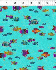 CLOTHWORKS – Oceania by Laurel Burch – Fish – Aqua Gold Metallic ,1/4 yard