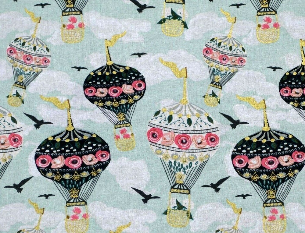 FAT QUARTER HOT AIR BALLOONS SKY BIRDS GOLD METALLIC EMMA & MILA COTTON FABRIC
