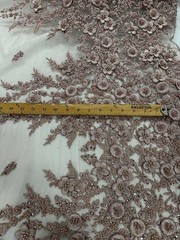 3D Floral Lace Fabric Light Mauve Beaded Embroidered Bridal Wedding Lace